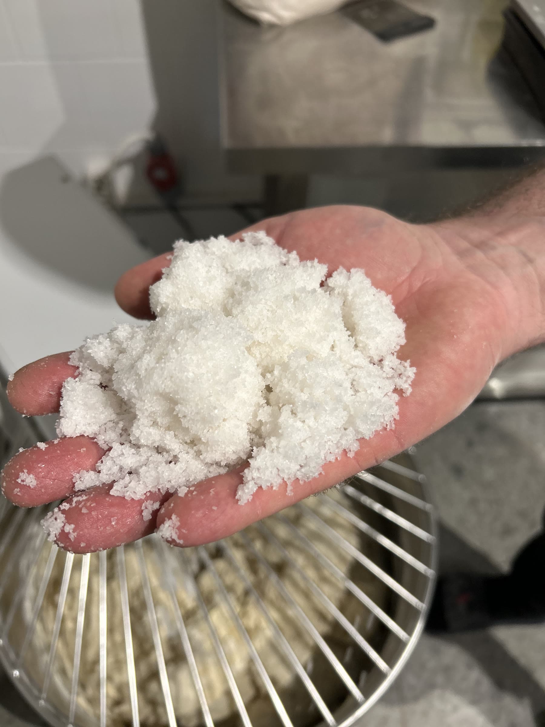 En hand full med grovt salt hålls över degen i baljan.