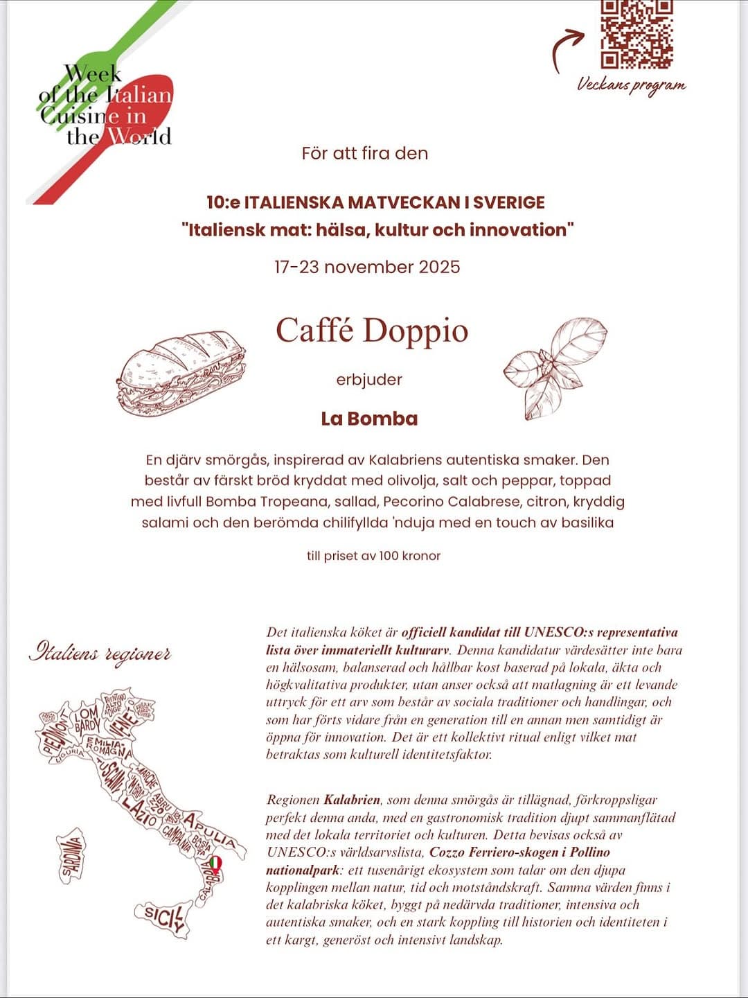 Affisch för Italienska matveckan 2025 där Caffè Doppio presenterade La Bomba.